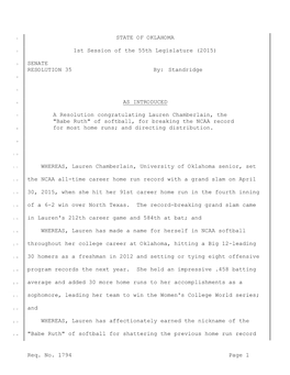 Req. No. 1794 Page 1 STATE of OKLAHOMA 1St Session of the 55Th