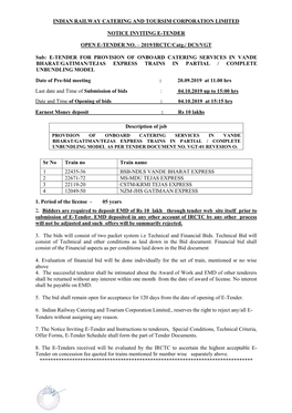 Indian Railway Catering and Toursim Corporation Limited Notice Inviting