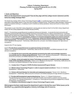 1 Library Technology Department Planning Portfolio Assessment/Program Review (PA/PR) Spring 2010 I. Goals and Objectives