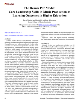 The Denniz Pop Model: Core Leadership Skills in Music Production As Learning Outcomes in Higher Education