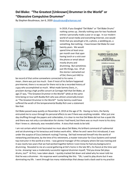 Del Blake: “The Greatest [Unknown] Drummer in the World” Or “Obsessive Compulsive Drummer” by Stephen Boudreaux, Jan 6, 2020 Sboudreaux@Arkansas.Net