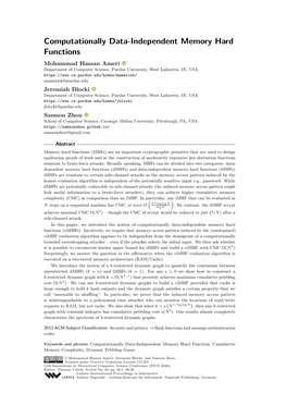 Computationally Data-Independent Memory Hard Functions