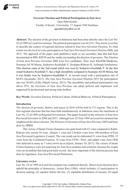 Governor Election and Political Participation in East Java Agus Sukristyanto Faculty of Social , Universitas 17 August 1945 Surabaya Agusukris@Yahoo.Co.Id