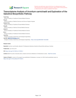 Transcriptome Analysis of Aconitum Carmichaelii and Exploration of the Salsolinol Biosynthetic Pathway