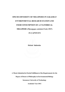 Species Diversity of Millipedes in Sakaerat
