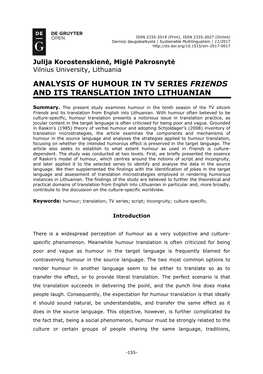 Analysis of Humour in Tv Series Friends and Its Translation Into Lithuanian