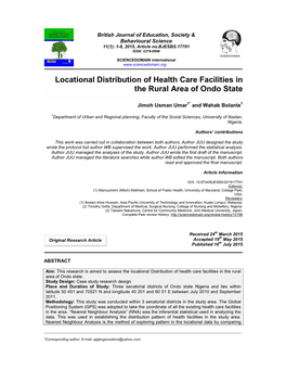 Locational Distribution of Health Care Facilities in the Rural Area of Ondo State