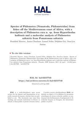 Species of Philometra (Nematoda, Philometridae) from Fishes Off the Mediterranean Coast of Africa, Witha Description of Philometra Rara N