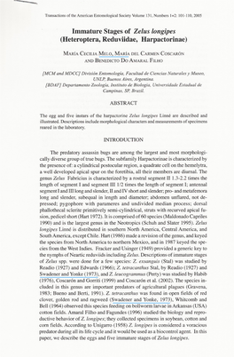 Immature Stages of Zelus Longipes (Heteroptera, Reduviidae, Harpactorinae)