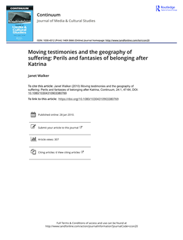 Moving Testimonies and the Geography of Suffering: Perils and Fantasies of Belonging After Katrina