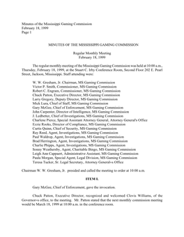 Minutes of the Mississippi Gaming Commission February 18, 1999 Page 1