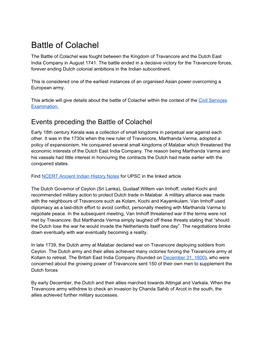 Battle of Colachel the Battle of Colachel Was Fought Between the Kingdom of Travancore and the Dutch East India Company in August 1741
