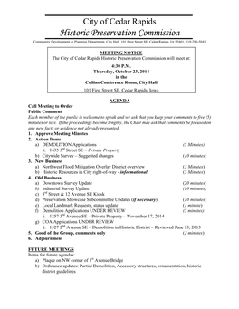 Historic Preservation Commission Community Development & Planning Department, City Hall, 101 First Street SE, Cedar Rapids, IA 52401, 319-286-5041