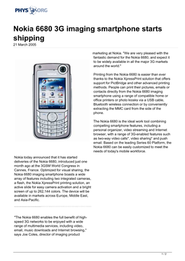 Nokia 6680 3G Imaging Smartphone Starts Shipping 21 March 2005