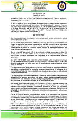 Decreto 36 De 14 Deabril Del 2020 Municipio De Cumbitara