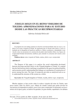 Fideles Regis En El Reino Visigodo De Toledo: Aproximaciones Para Su Estudio Desde Las Prácticas Reciprocitarias