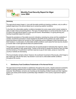 Monthly Food Security Report for Niger June 2004