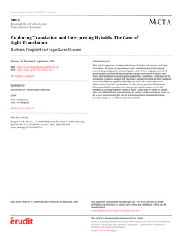Exploring Translation and Interpreting Hybrids. the Case of Sight Translation Barbara Dragsted and Inge Gorm Hansen