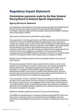 Regulatory Impact Statement Commission Payments Made by the New Zealand Racing Board to National Sports Organisations