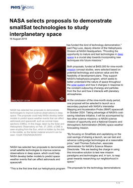 NASA Selects Proposals to Demonstrate Smallsat Technologies to Study Interplanetary Space 16 August 2019