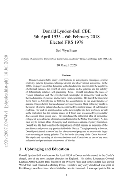 Donald Lynden-Bell CBE 5Th April 1935 – 6Th February 2018 Elected FRS 1978