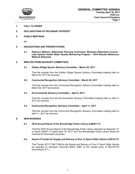 GENERAL COMMITTEE AGENDA Tuesday April 18, 2017 9:00 A.M
