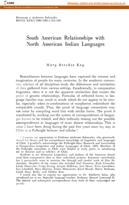 South American Relationships with N Orth American Indian Languages