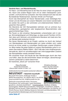 NEUSTADT – Natürlich Traumhaft! Neustadt-Information, Stolberger Straße 3 99762 Neustadt/Harz, Tel