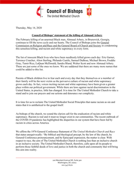 Thursday, May 14, 2020 Council of Bishops' Statement of the Killing Of