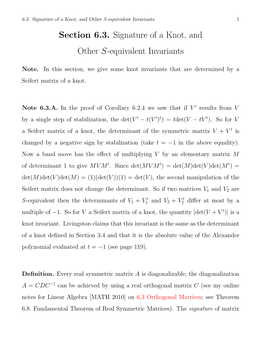 Section 6.3. Signature of a Knot, and Other S-Equivalent Invariants