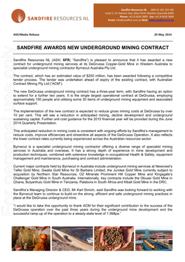 Sandfire Awards New Underground Mining Contract
