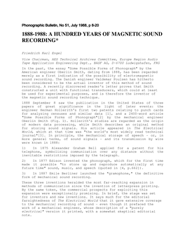 1888-1988: a Hundred Years of Magnetic Sound Recording*