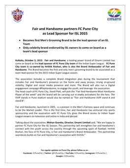 Fair and Handsome Partners FC Pune City As Lead Sponsor for ISL 2015