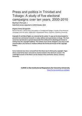 Press and Politics in Trinidad and Tobago: a Study of Five Electoral Campaigns Over Ten Years, 2000-2010 Bachan-Persad, I