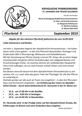 Pfarrbrief 9 September 2019