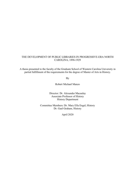 The Development of Public Libraries in Progressive-Era North Carolina, 1896-1929