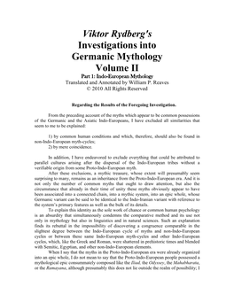 Viktor Rydberg's Investigations Into Germanic Mythology Volume II Part 1: Indo-European Mythology Translated and Annotated by William P