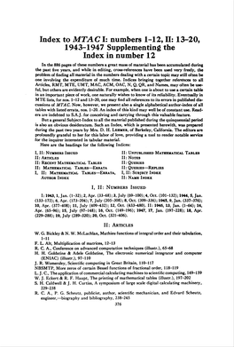 Index to MTAC I: Numbers 1-12, II: 13-20