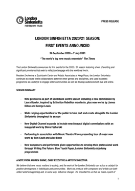 London Sinfonietta 2020/21 Season: First Events Announced