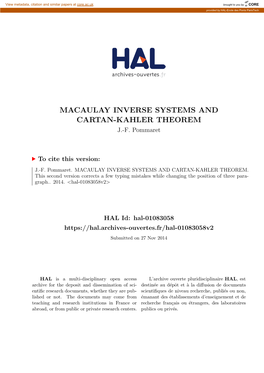 Macaulay Inverse Systems and Cartan-Kahler Theorem J.-F