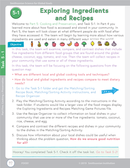 5-1 Exploring Ingredients and Recipes Welcome to Part 5: Cooking and Preservation, and Task 5-1