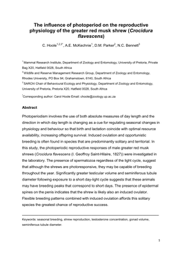 The Influence of Photoperiod on the Reproductive Physiology of the Greater Red Musk Shrew (Crocidura Flavescens)