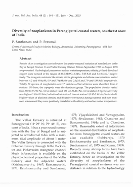 Diversity of Zooplankton in Parangipettai Coastal Waters, Southeast Coast of India