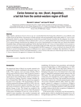 Carios Fonsecai Sp. Nov. (Acari, Argasidae), a Bat Tick from the Central-Western Region of Brazil