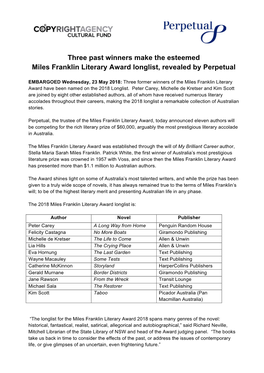 Embargoed 23.5.18 MFLA Longlist Announcement MR