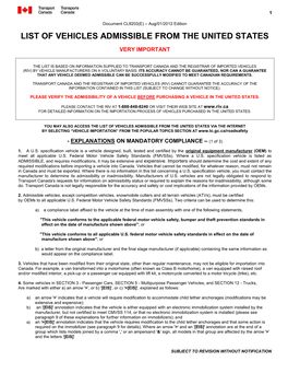 List of Vehicles Admissible from the United States