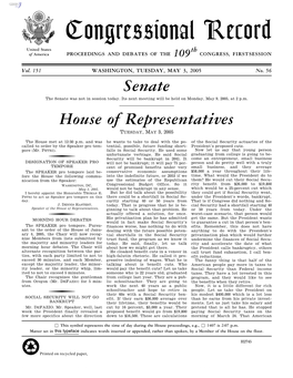 Congressional Record United States Th of America PROCEEDINGS and DEBATES of the 109 CONGRESS, FIRSTSESSION