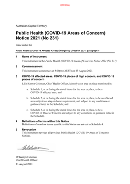 Public Health (COVID-19 Areas of Concern) Notice 2021 (No 231) Made Under The