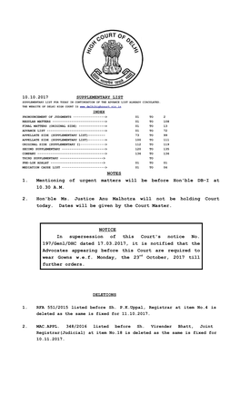 NOTES 1. Mentioning of Urgent Matters Will Be Before Hon'ble DB-I at 10.30 A.M