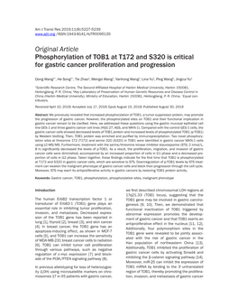 Original Article Phosphorylation of TOB1 at T172 and S320 Is Critical for Gastric Cancer Proliferation and Progression